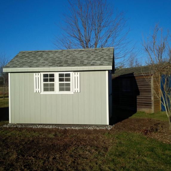 Cape Cod shed side view shutters ontario